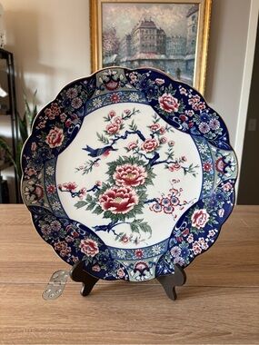 Oriental Tosho Fine China Platter 12.5in - Made in Japan - Blue and Pink Floral